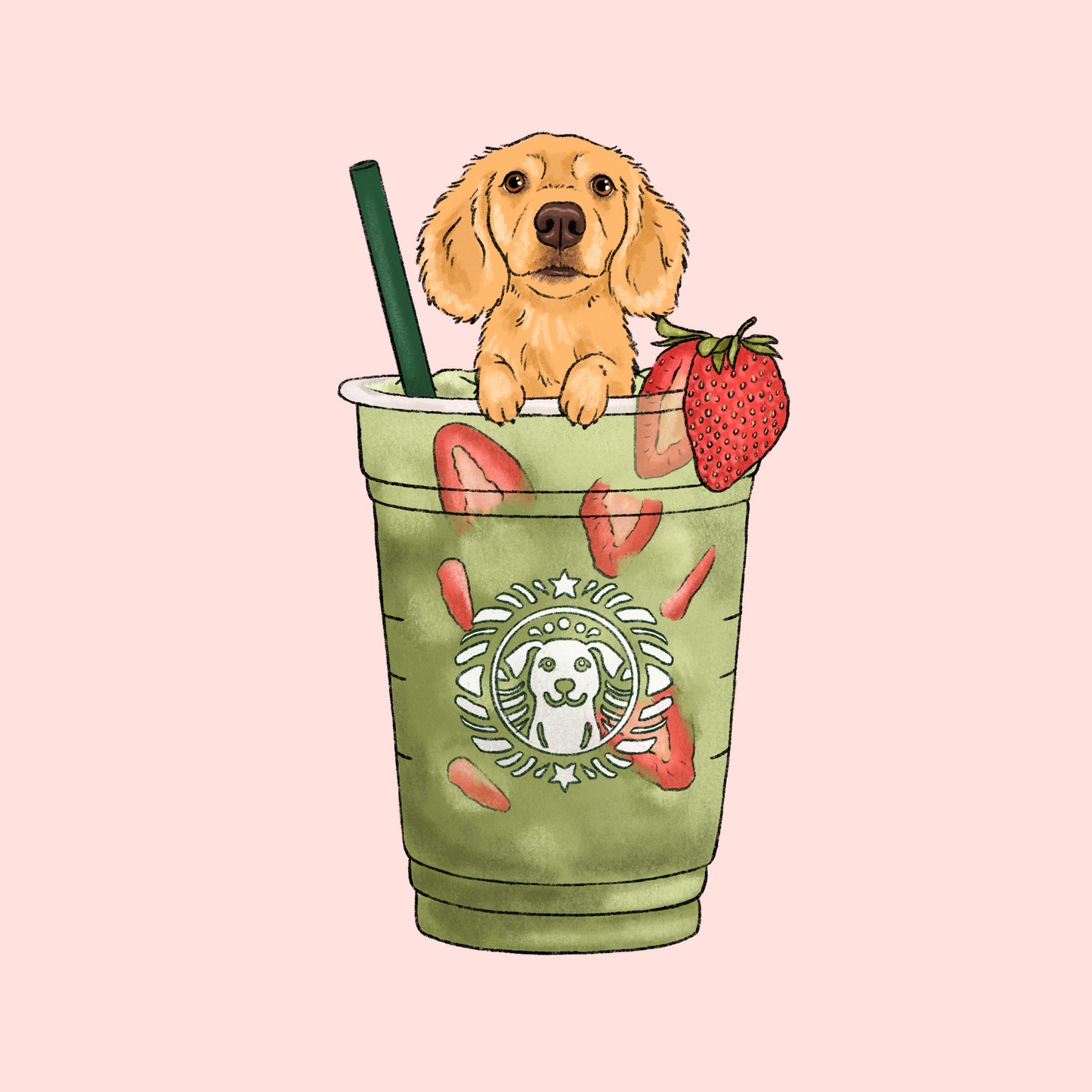 Strawberry Matcha Latte Cartoon